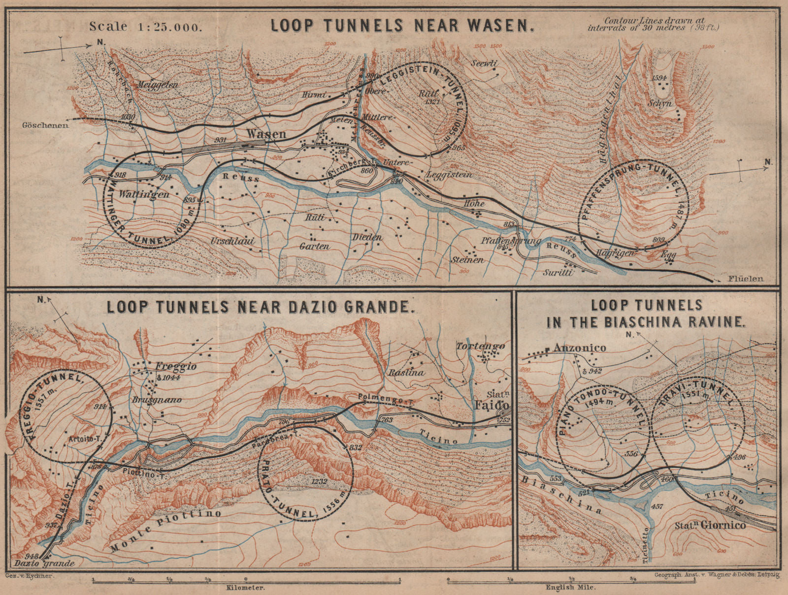 ST GOTTHARD RAILWAY SPIRAL/LOOP TUNNELS Wassen Freggio Prato Biaschina 1899 map